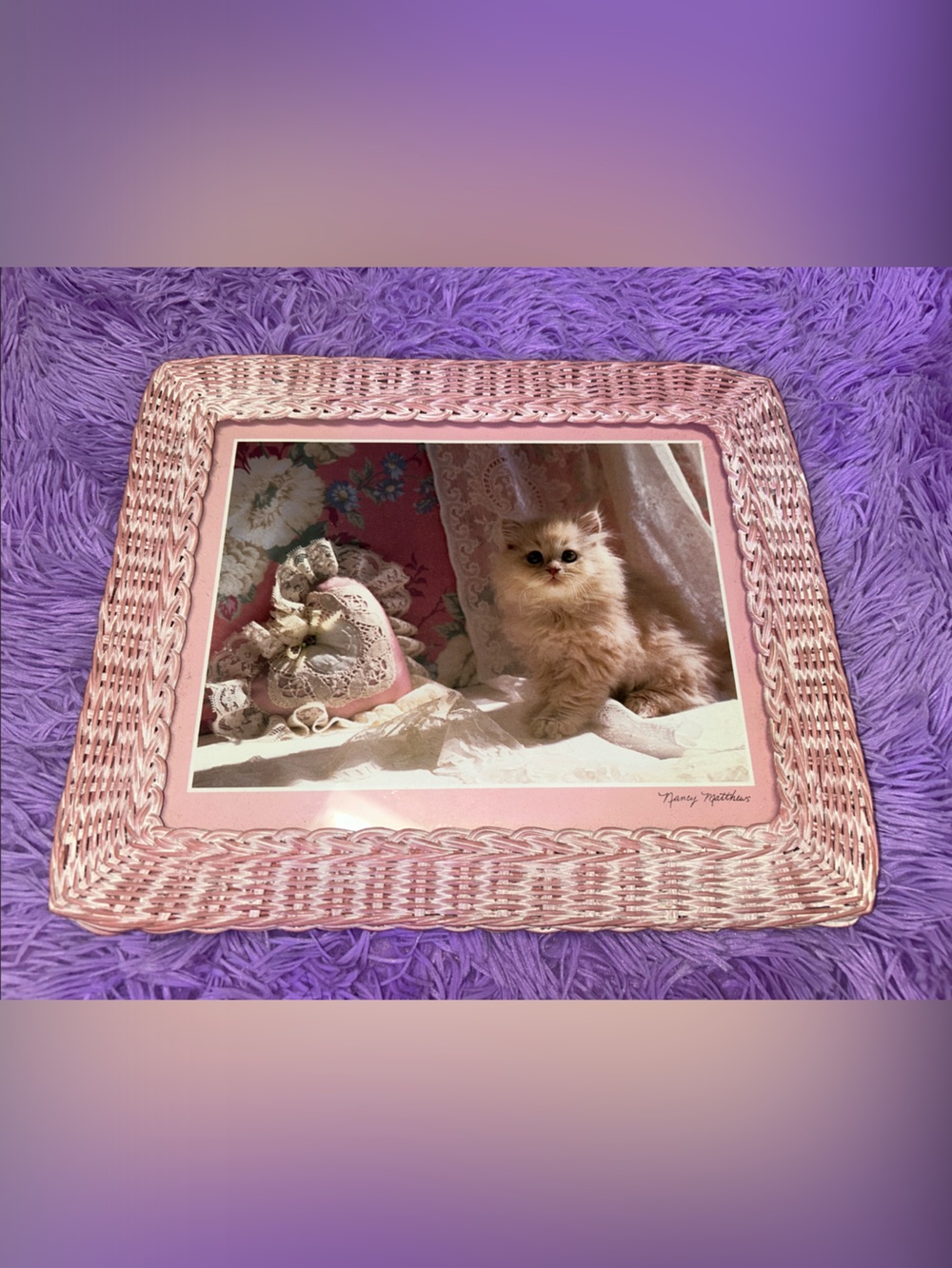 Pink Wicker Picture Frame with Kitten Art by Nancy Matthew’s